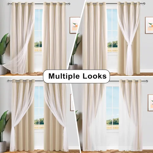 Miniatura 7 de Hiasan Cortinas opacas con superposición transparente, aislamiento térmico para mezclar y combinar de doble capa, cortinas de oscurecimiento de Beige