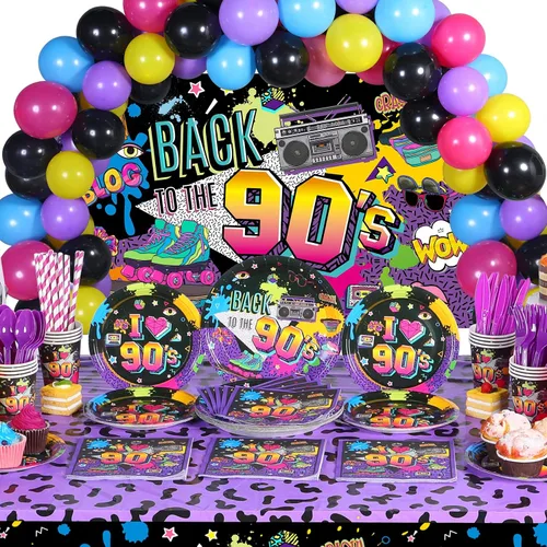 Cunhill Decoraciones de fiesta de los años 90, temática de los años 90, globos de látex de regreso a los 90, mantel de fiesta de los 90, platos de