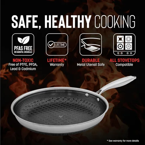 Miniatura 2 de Hell's Kitchen Sartén Híbrida de 11", Acero Inoxidable Tri-Clad y Cerámica Antiadherente Libre de PFAS, sin PFOA, sin PTFE, sin Teflón, Utensilios