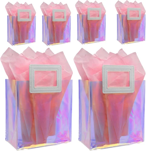 Miniatura 9 de Caleihd 12 bolsas de regalo holográficas transparentes con papel de seda, 7.9 x 7.1 x 3.9 pulgadas con asas, bolsas de golosinas, para Navidad