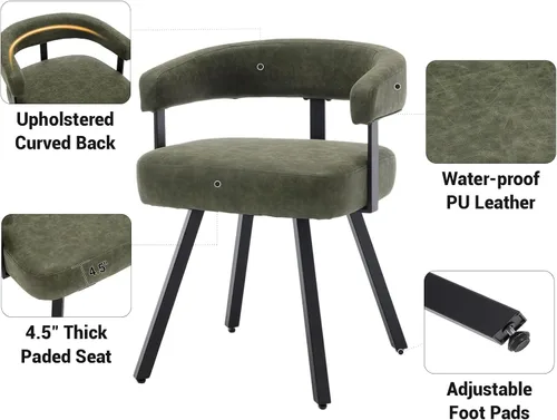 Miniatura 3 de Shunzhi Juego de 2 sillas de comedor modernas de cuero verde tapizadas, cómodas sillas de cocina, sillas auxiliares sin brazos con respaldo abierto