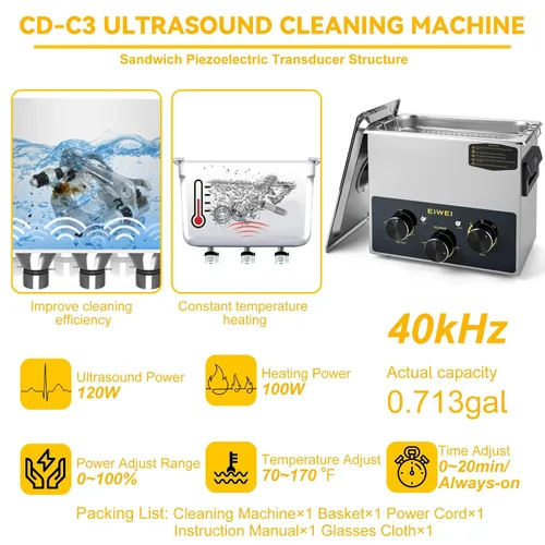 Miniatura 2 de Limpiador ultrasónico profesional de 3 litros (0.85 galones) con perilla de potencia ajustable para joyería, con calentador y temporizador