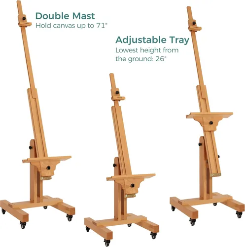 Miniatura 4 de VISWIN Caballete de estudio resistente, soporta lienzo de hasta 71 pulgadas, se inclina plano y móvil, soporte grande ajustable de madera de haya