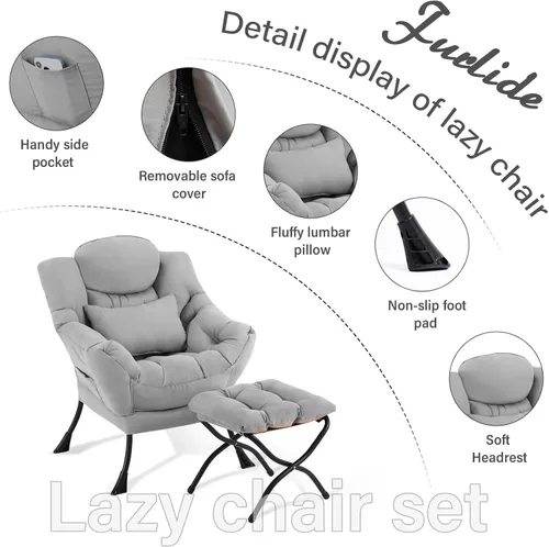 Miniatura 6 de Furlide Silla Lazy con otomana, moderna silla de estar con almohada lumbar, sillón de lectura acogedor y reposapiés plegable para dormitorio, sala