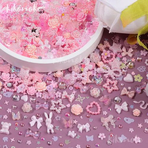 Miniatura 6 de Lindos dijes para uñas 3D, 100 piezas de conejo mariposa flor lazo, dijes de arte para uñas mixtos de diamantes de imitación de uñas con parte Rosa