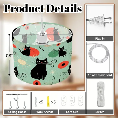 Miniatura 4 de Boho Plug in Pendant Light Sleek Black Cats Vibrant Atomic Patterns 1960s Design 16.4ft Plug in Cord Dimmable Hanging Lamp Fabric Lamp Shade Pendant