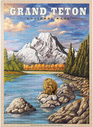 Miniatura 9 de MyPuzzle Grand Teton National Park – Grizzly Bear Hug, póster de viaje vintage – Rompecabezas de 100 piezas premium para adultos