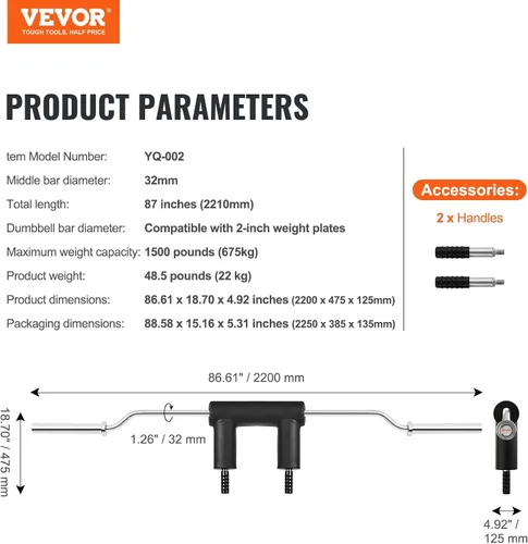 Miniatura 7 de VEVOR Safety Squat Bar, 700 & 1500 LBS, Plus 500 LBS Hex Barbell Trap Bar, Ideal for Squats, Deadlifts, Lunges, Rehab