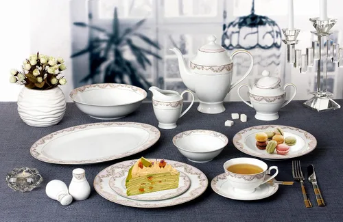 Miniatura 4 de Lorren Home Trends Juego de vajilla de porcelana de hueso "Beauty" de 57 piezas (servicio para 8 personas), color rosa