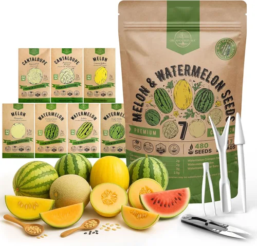Organo Republic Paquete variado de 7 semillas de melón y sandía, 480+ semillas de frutas reliquia sin OMG para plantar frutas en paquetes de