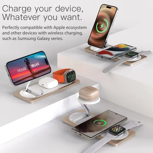 Miniatura 5 de Estación de carga 3 en 1 para dispositivos Apple: Usada para estación de carga de iPhone y reloj con soporte de cargador Magsafe, cargador Dorado