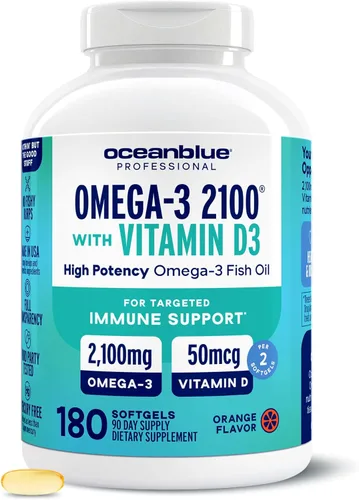 Aceite de pescado profesional Oceanblue con vitamina D3 | Triple fuerza 2100mg Omega-3 DPA EPA DHA | Captura salvaje | Sabor a naranja sin eructos,