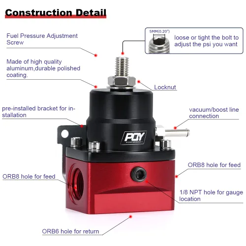 Miniatura 2 de Regulador de Presión de Combustible AN8 de Alimentación y AN6 de Línea de Retorno + Juego de Manómetro 0-160PSI Negro+Rojo