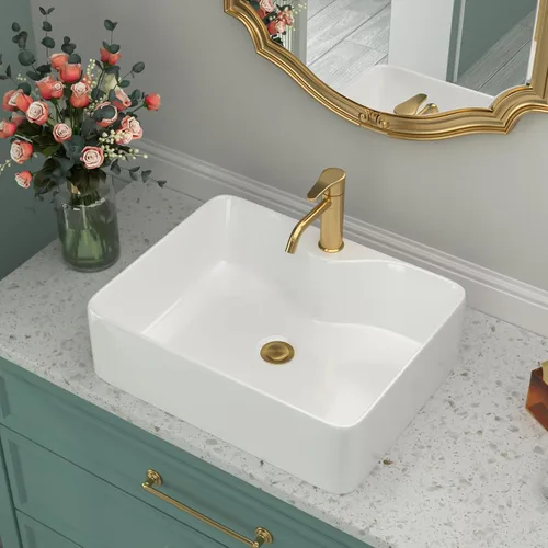 Miniatura 29 de Fregadero de baño de porcelana de cerámica rectangular de 24 x 14 pulgadas sobre mostrador, lavabo de arte blanco y negro