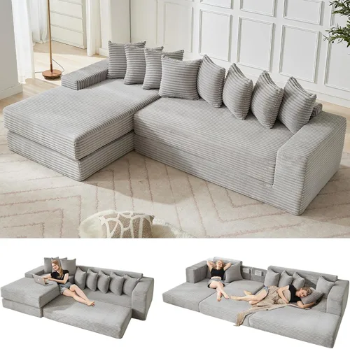 Miniatura 15 de Sofá modular moderno de 111 pulgadas, sofá de pana en forma de L con diván izquierdo, salón extra ancho, 8 almohadas, juego de sofá esquinero