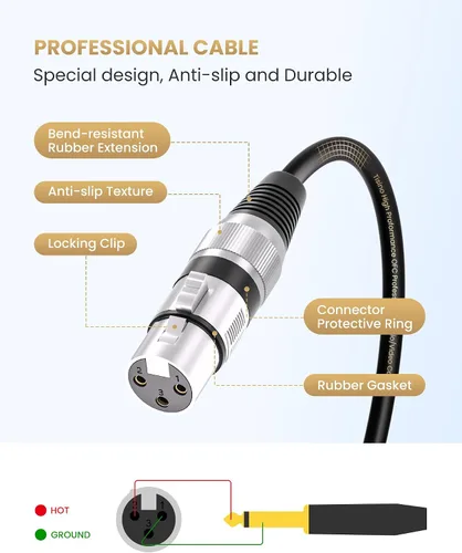 Miniatura 3 de Tisino - Cable de micrófono con conector hembra XLR a conector mono TS de 1/4 (6,35 mm) desequilibrado para micrófono dinámico - 2,01 m/6,6 pies