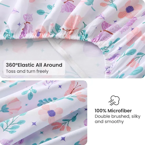 Miniatura 4 de Viviland Juego de sábanas de 3 piezas con estampado botánico de mariposas y flores rosas y moradas, sábanas de microfibra suave y transpirable