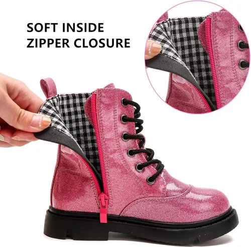 Miniatura 5 de DADAWEN Botas de combate impermeables con cordones y purpurina a media pantorrilla con cremallera lateral para niños pequeños, niños grandes
