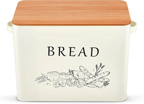 Miniatura 9 de P&P CHEF Panera para encimera de cocina, contenedor de almacenamiento de pan de metal con tapa de corte de madera, gran capacidad para sostener más