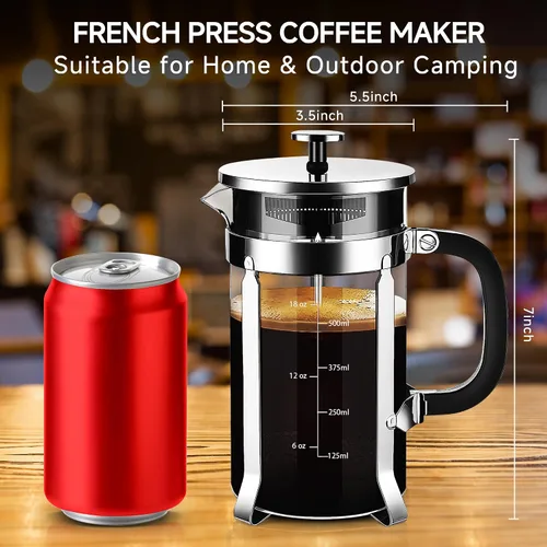 Miniatura 4 de YMMIND Cafetera de prensa francesa de acero inoxidable 304, con sistema de 4 filtros, vidrio de prensa francesa de borosilicato de espesor Tono plata