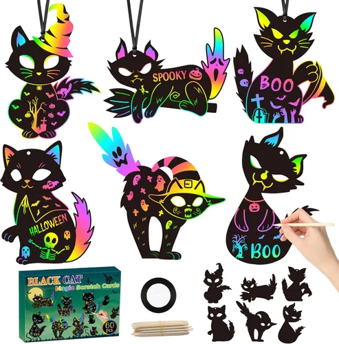 CY2SIDE Tarjetas de rascar de gato negro de Halloween - Juego de 60 piezas de tarjetas de ornamento espeluznante de Halloween para niños, kit de