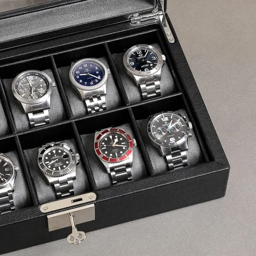 Miniatura 6 de ROTHWELL Caja de reloj de cuero con 10 ranuras, organizador de joyas de lujo, soporte para reloj con tapa de cristal grande, organizador de caja