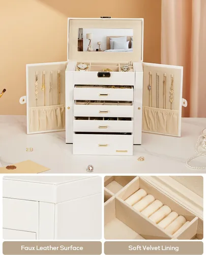 Miniatura 24 de Homde Regalos de Navidad de cuero sintético, enorme joyero, organizador de reloj con espejo, collar, anillo y aretes, estuche de regalo con Dorado