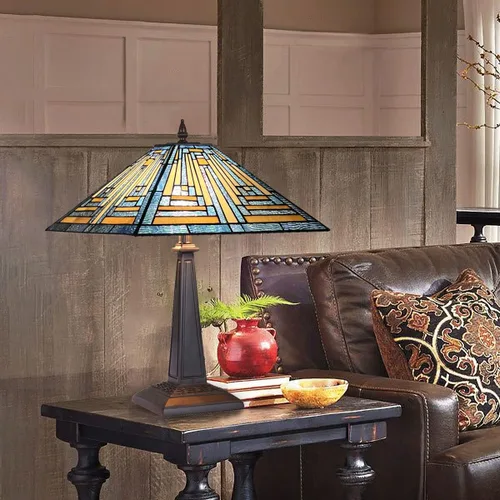 Miniatura 5 de Tiffany - Lámparas de mesa de 16 pulgadas de ancho hechas a mano con vitrales para lectura, 2 luces, estilo misión azul, luz de mesa antigua