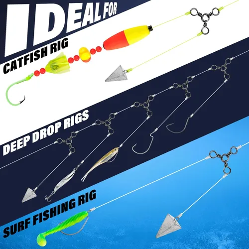 Miniatura 5 de Alwonder Paquete de 100 aparejos de pesca giratorios de 3 vías, acero inoxidable de 28 a 143 libras, níquel negro, conectores giratorios de pesca
