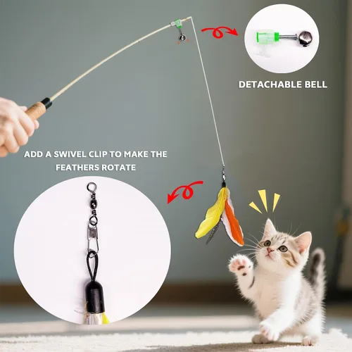 Miniatura 4 de 10 piezas de repuesto de plumas para gato, varita de repuesto para gatos con clip y campana extraíble, juguetes de plumas para gatos