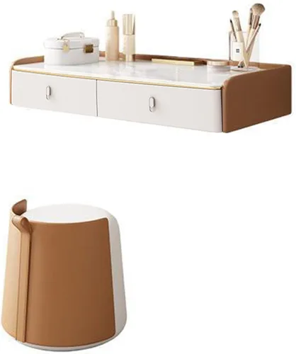 Miniatura 8 de Mesa de tocador de maquillaje montada en la pared con espejo iluminado, estante de almacenamiento de escritorio de maquillaje con cajones y taburete
