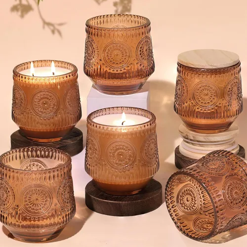 LAMORGIFT Paquete de 6 tarros de vela de terracota - Tarros de vidrio grandes de 13.5oz con tapas de madera y etiquetas; contenedores de velas
