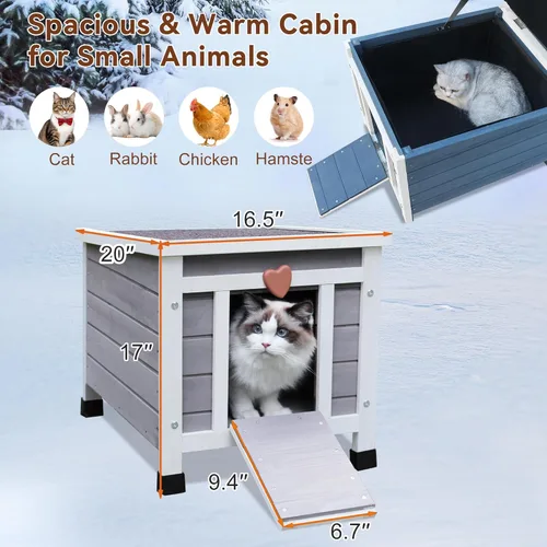 Miniatura 5 de Rockever Casa para gatos al aire libre, casa aislada para gatos al aire libre con forro cálido para invierno, jaula de conejo, refugio exterior