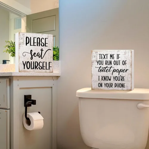 Miniatura 4 de Jetec 2 piezas de decoración de letreros de baño de granja, caja de madera con signo, arte de pared divertido para el baño, placa de madera rústica