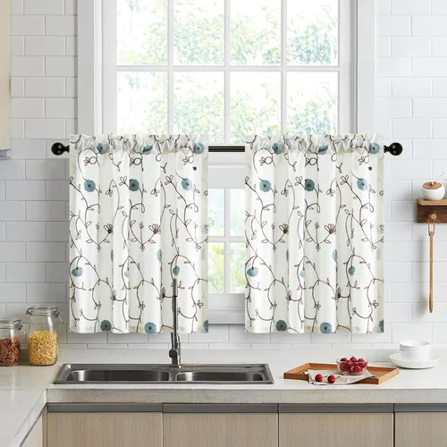 Miniatura 39 de VOGOL Cortinas de Nivel para Cocina para Ventana, Flores Azules y Enredaderas Bordadas Cortina de 24 Pulgadas de Largo, Cortinas Cortas Tratamiento