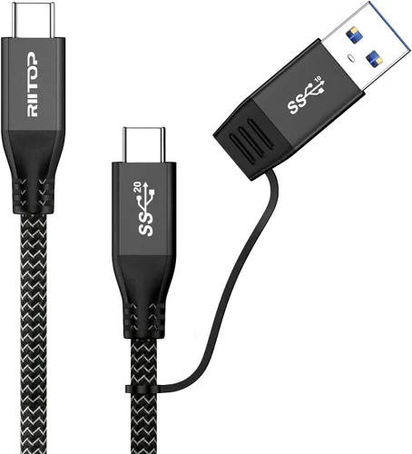 RIITOP Cable USB 3.2 C a C de 20 Gbps [1 pie], trenzado 2 en 1 USB tipo C Y cable corto E-Marker Chipset interior con adaptador USB C a A para SSD