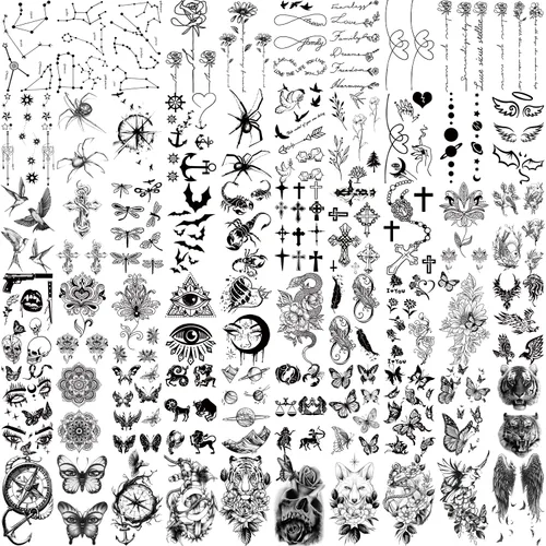 Miniatura 2 de 77 hojas de tatuajes temporales para hombres y mujeres, 17 hojas de tatuajes falsos de medio brazo, pecho y hombro, 60 hojas de tatuajes negros