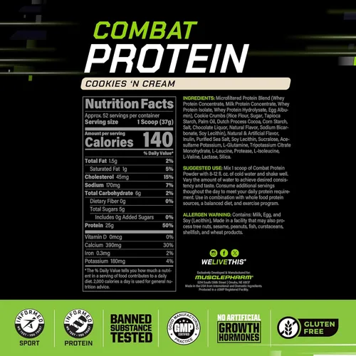 Miniatura 3 de MusclePharm Combat Proteína en polvo, sabor a galletas y crema, alimenta los músculos para entrenamientos productivos, 5 fuentes de proteína