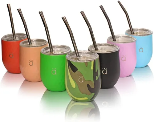 Miniatura 7 de Kalmateh Yerba Mate Gourd - Vaso mate de acero inoxidable de doble pared con tapa sin BPA, popote de filtro Bombilla y cepillo de limpieza, perfecto