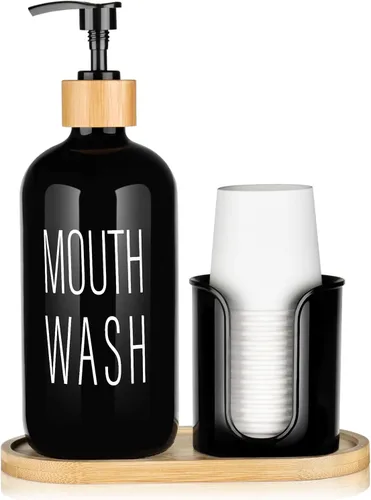 Dispensador de enjuague bucal negro para baño, botella de vidrio con bomba de 16 onzas con soporte para tazas, 14 tazas de enjuague bucal, bandeja