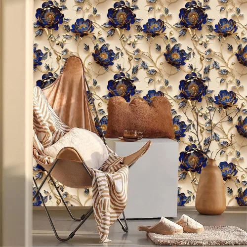 MuralPeel Papel Tapiz Vintage con Florales Dorados Azules y Amarillos de Despegar y Pegar Fácil de Quitar Autoadhesivo Removible Adhesivo para Pared