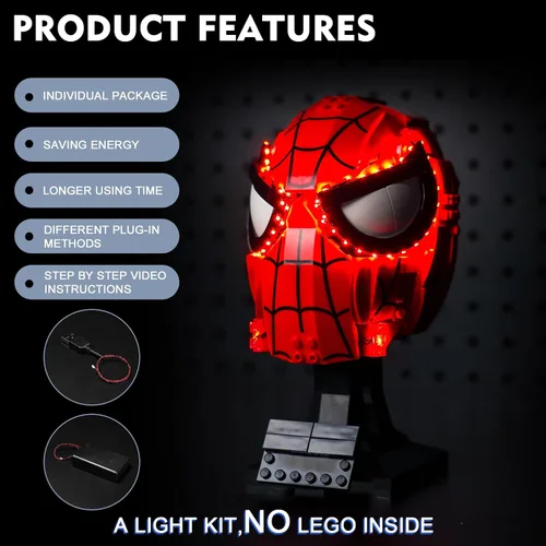 Miniatura 3 de BrickBling Luz LED compatible con la máscara Lego Spider-Man 76285 (solo luces), versión de control de luz, iluminación compatible con máscara Lego