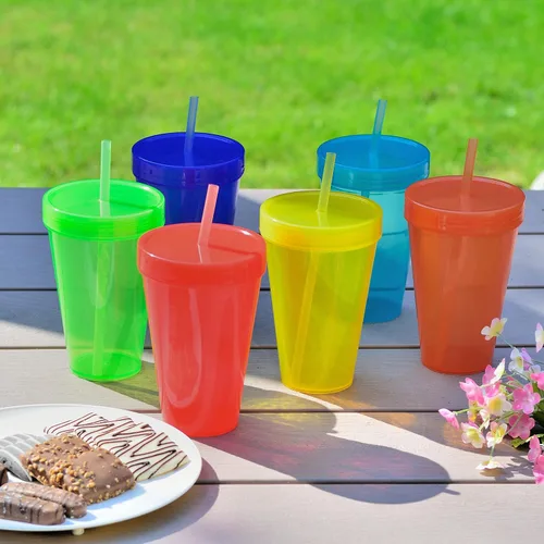Miniatura 3 de Youngever 9 juegos de vasos de plástico de 16 onzas con tapas y pajitas, vasos de plástico reutilizables con pajitas (colores arcoíris)