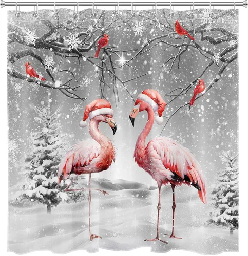 Miniatura 4 de HVEST Cortina de ducha de invierno de Navidad con alfombras de baño, flamenco rosa y cardenales en bosque nevado gris, cortina de ducha y tapete