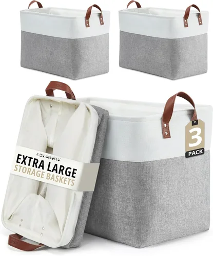 Miniatura 13 de DECOMOMO Cestas de almacenamiento extra grandes, contenedores de almacenamiento de tela con asas para organizar estantes, juguetes, guardería, Beige