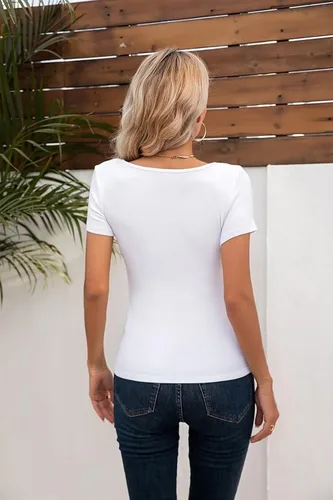 Miniatura 3 de VICHYIE Camisas de verano para mujer, cuello redondo, manga corta, acanaladas, ajustadas, casuales, básicas