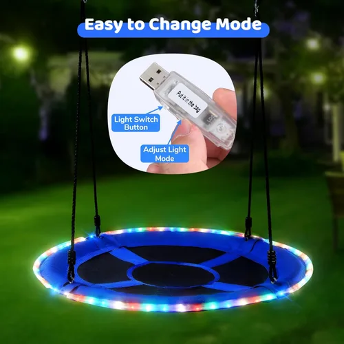 Miniatura 3 de Trekassy Columpio de árbol de platillo de 40 pulgadas con luces LED para niños y adultos, al aire libre, 2 correas para colgar en árboles, color azul