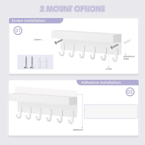 Miniatura 2 de VIS'V Soporte para llaves de pared, soporte adhesivo compacto para llaves con bandeja, 6 ganchos, 2 opciones de montaje, color blanco