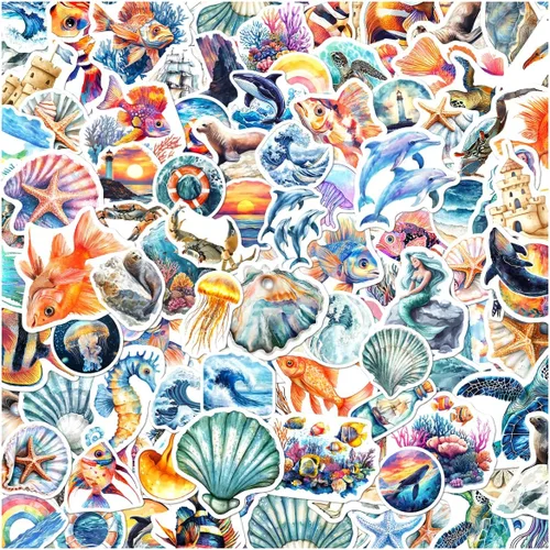 Paquete de calcomanías de vinilo con estética oceánica con sirenas, conchas marinas, criaturas marinas para laptop, botella de agua, álbum de