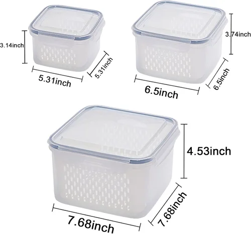 Miniatura 4 de Juego de 3 recipientes de almacenamiento de alimentos para refrigerador con tapas con colador, recipientes de almacenamiento de frutas y verduras